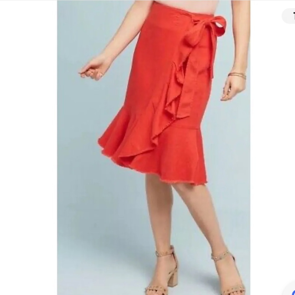 Holding Horses Anthropologie Red Linen Ruffle Wrap Midi Skirt Size 0 NWT